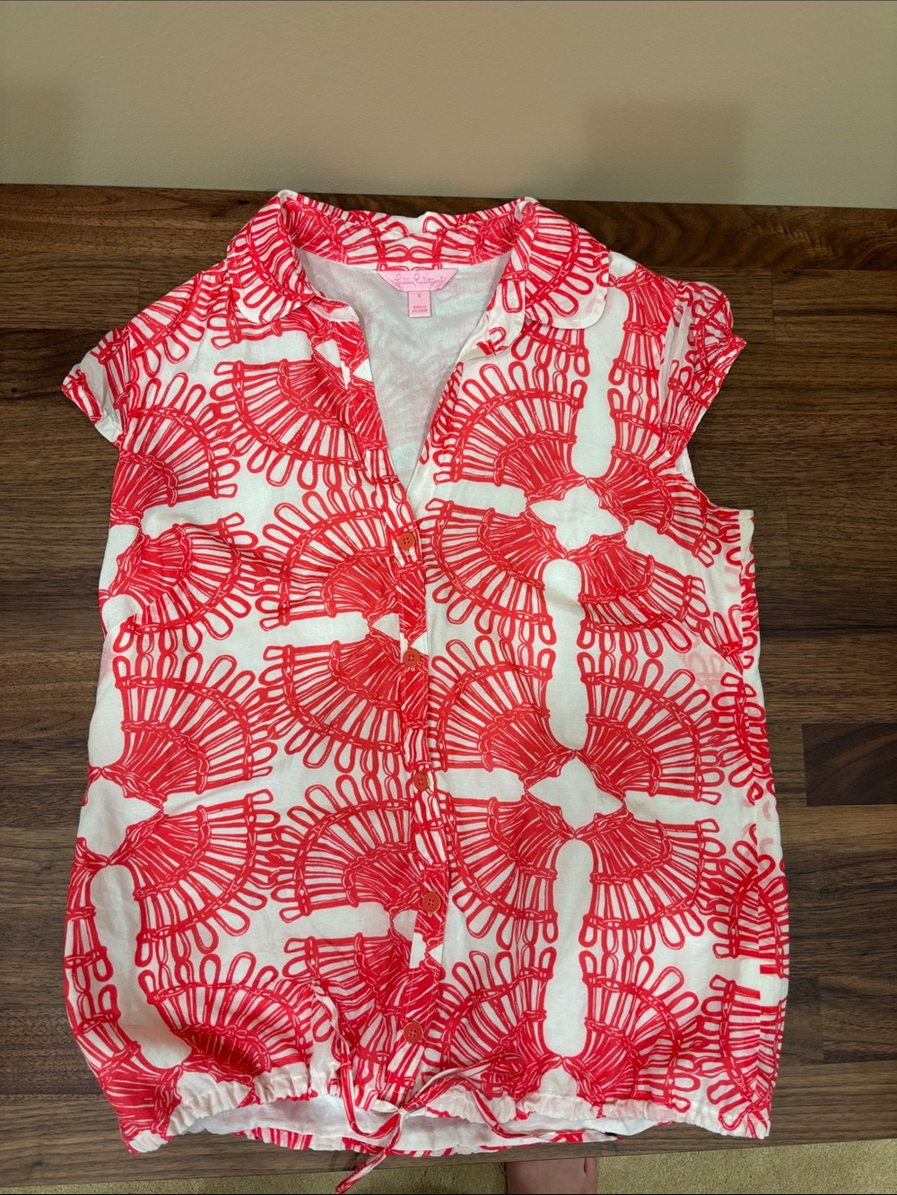 Lilly Pulitzer Coral & White Cap Sleeve Printed Button-Front Top